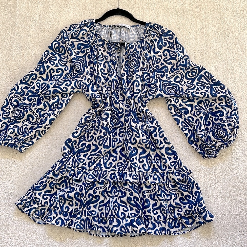 ZARA Ikat pattern ruffled long sleeved dress